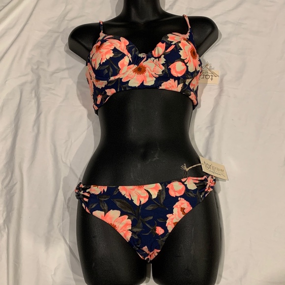 LAST ONE! Tori Praver Seafoam Floral Indigo Blue Bikini Set: Medium - Picture 2 of 11